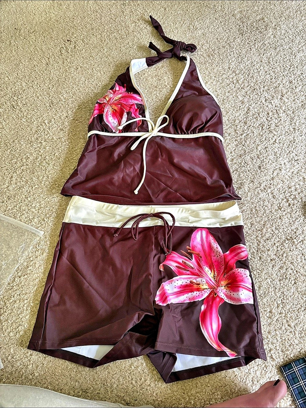 Floral Brown & Cream Two-Piece Swimsuit Size XL